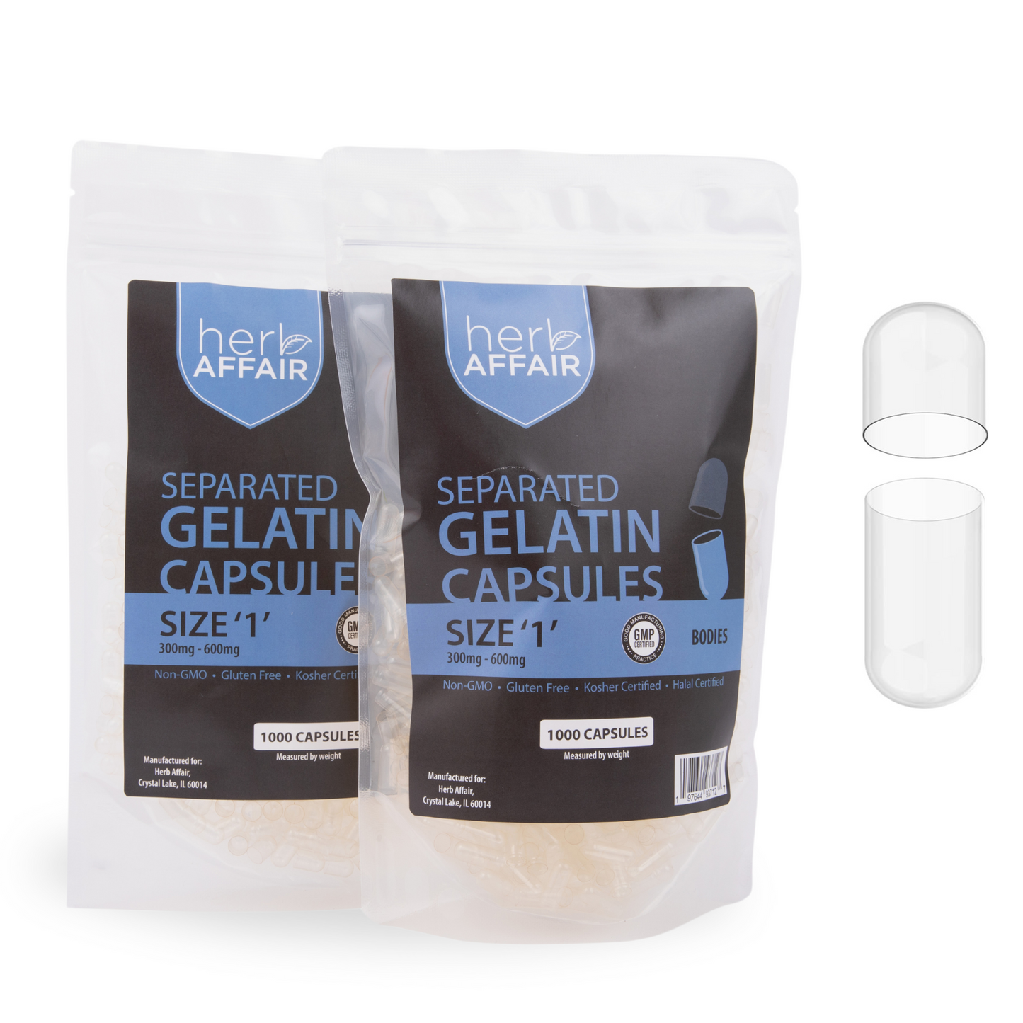 Separated Empty Gelatin Capsules "Size 1" (1000 ct)